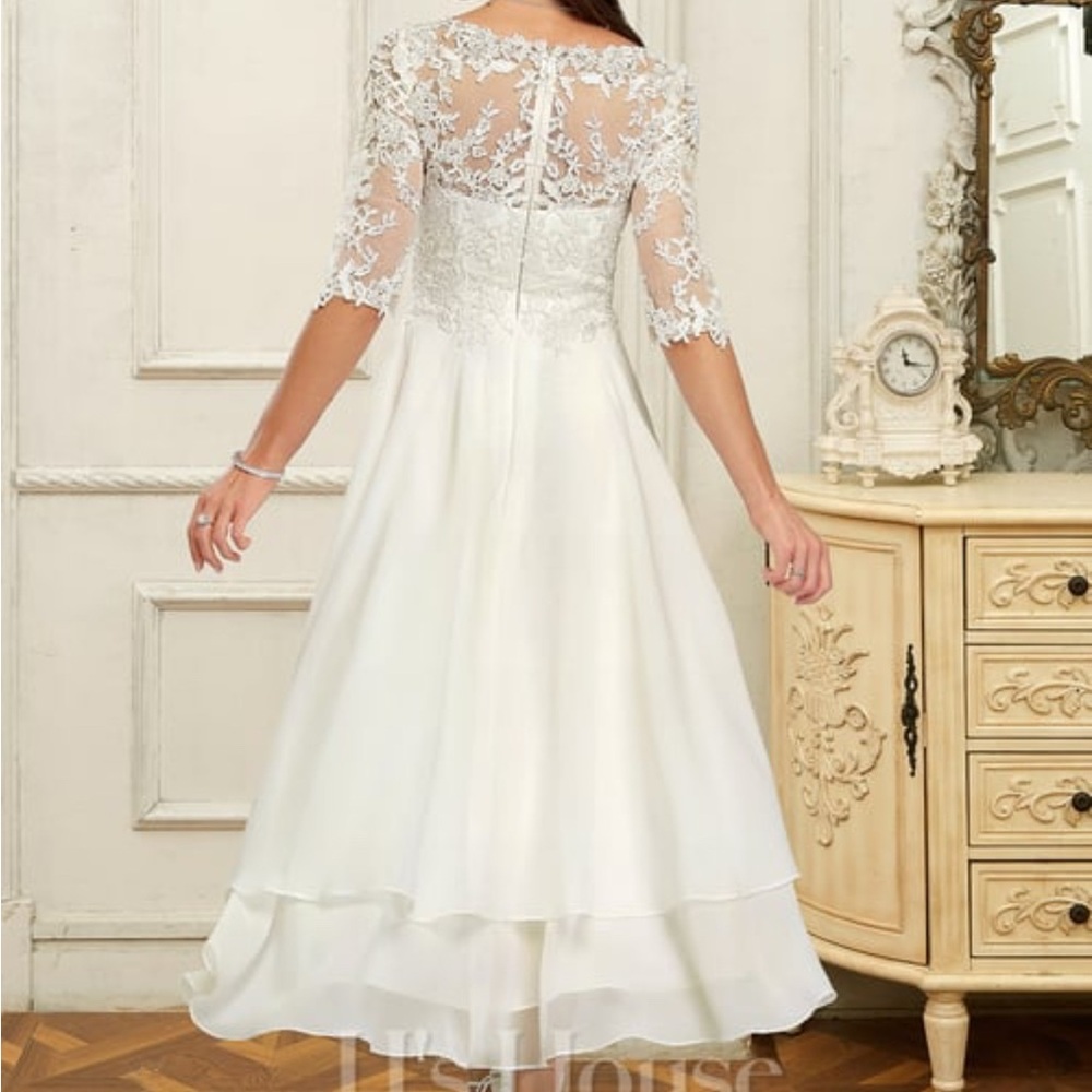 A-line V-Neck Asymmetrical Lace Chiffon Wedding Dress With Ruffle - Picture 3 of 7